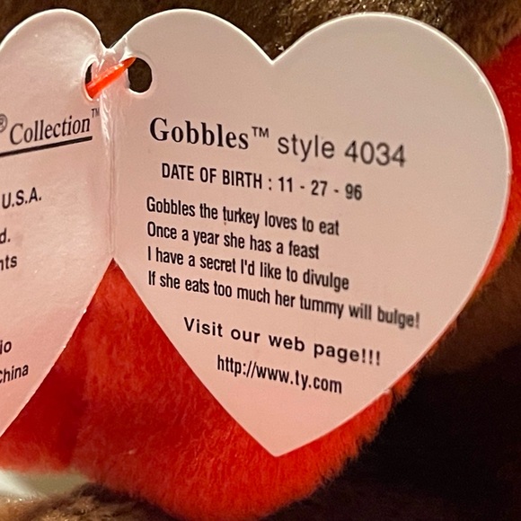 1996 ty GOBBLES Original BEANIE BABY Turkey with Errors PVC Pellets COLLECTIBLE - Picture 4 of 7
